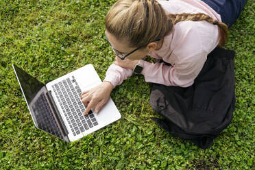 Freiberufler mit geflochtenen Haaren und Laptop im Gras liegend im Park - OSF02290