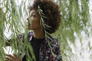 Lächelnde junge Frau, die grüne Blätter auf Zweigen berührt - BOYF01993