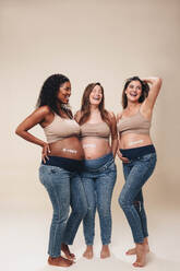 Eine multikulturelle Gruppe schwangerer Frauen im dritten Trimester steht zusammen, lächelt und zeigt ihre Babybauchmuskeln. Die Freundinnen in Jeans und BHs feiern die Schönheit und Stärke der Schwangerschaft und schaffen. - JLPSF30890