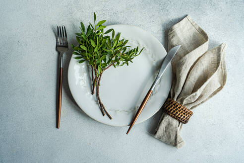 Top view of table decoration with fresh pistachio plant placed on plate with cutlery near napkin against gray surface in daylight - ADSF48516