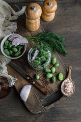 Top view of ingredients for preparing cucamelon fermentation placed in jar placed on wooden tray near napkin and salt and pepper shakers against dark background - ADSF48522