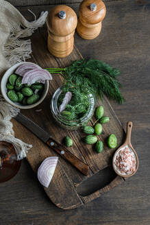 Top view of ingredients for preparing cucamelon fermentation placed in jar placed on wooden tray near napkin and salt and pepper shakers against dark background - ADSF48522