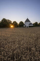 Dänemark, Bornholm, Nylars, Feld vor der Nylars Kirche bei Sonnenuntergang - KEBF02761