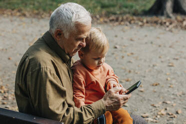 Großvater zeigt seinem Enkel im Park sein Smartphone - VSNF01408