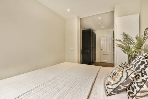 Interior of spacious bedroom with comfortable bed and houseplant with mirror against wardrobe in white apartment - ADSF48783