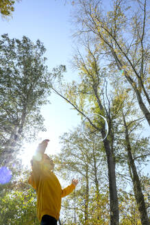 Glücklicher Junge jagt Seifenblasen im Herbstwald an einem sonnigen Tag - MBLF00061