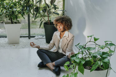 Smiling businesswoman practicing meditation near plants in office - YTF01280