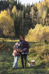Ehepaar geht am Wochenende mit Pembroke Welsh Corgi im Park spazieren - VBUF00479