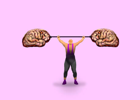 Person Gewichtheben Gehirne gegen rosa Hintergrund - GWAF00385