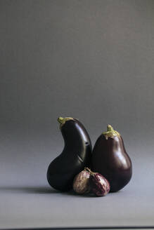 Eggplants and gooseberries against gray background - JUBF00445