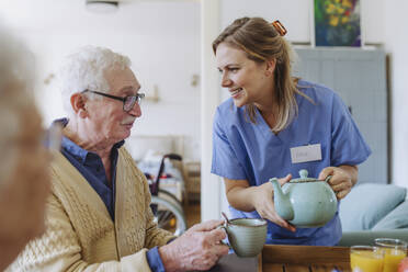 Glückliche Mitarbeiterin im Gesundheitswesen hält eine Teekanne und spricht mit einem älteren Mann am Tisch - HAPF03260