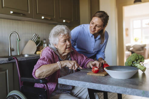 Senior woman cutting tomatoes and talking to smiling home caregiver - HAPF03330