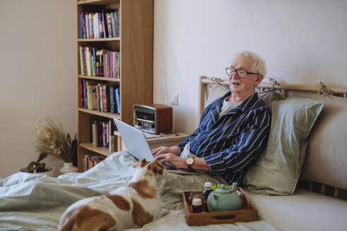 Smiling senior man using laptop near dog on bed at home - HAPF03336