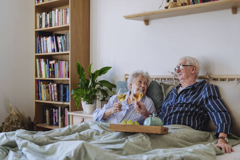 Smiling senior couple sitting with wineglasses at home - HAPF03367