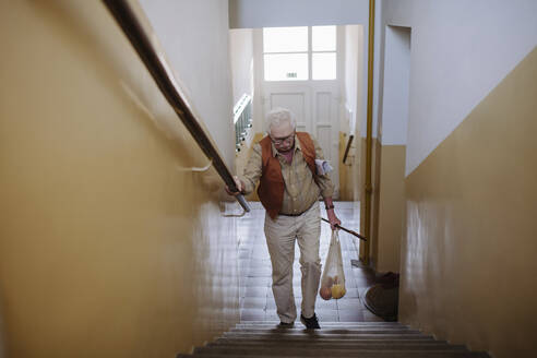 Älterer Mann, der mit einer Tüte Obst auf einer Treppe nach oben geht - HAPF03377