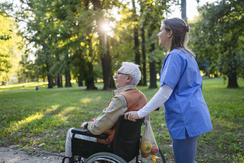 Gesundheitspersonal geht mit einem älteren Mann im Rollstuhl in der Nähe von Bäumen im Park spazieren - HAPF03397