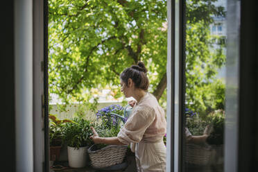 Woman watering flowers, taking care of plants on balcony - HAPF03402