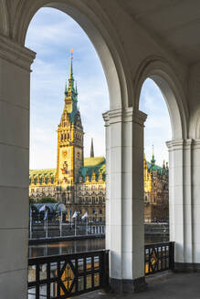 Tower of Hamburg City Hall seen from Alster Arcade arch in Hamburg, Germany - IHF01821