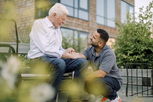 Male nurse squatting while talking to retired senior man sitting on bench at back yard - MASF40237