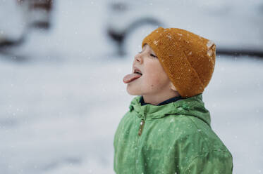 Junge mit Strickmütze fängt im Winter Schnee auf der Zunge - ANAF02380