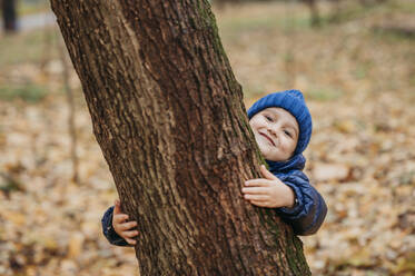 Smiling boy embracing tree at autumn park - ANAF02385