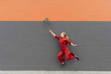 Happy woman holding monstera leaf jumping in front of wall - OSF02303