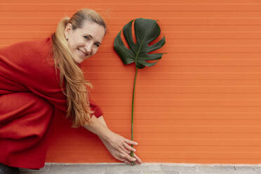 Lächelnde Frau, die ein Monstera-Blatt hält und vor einer orangefarbenen Wand hockt - OSF02311