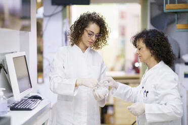 Pharmacist assisting colleague in making medicine using mortar and pestle at laboratory - JSMF02918