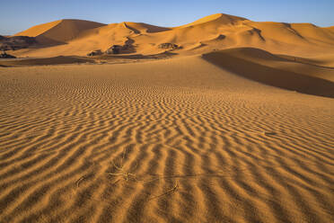 Luftaufnahme von Sanddünen bei Sonnenuntergang in der Wüste Sahara, Djanet, Algerien, Afrika. - AAEF22974