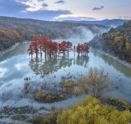 Aerial view of Cupressus Lake with low clouds and fog, Sukko village, Krasnodar Krai province, Russia. - AAEF23036