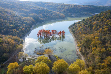 Aerial view of Cupressus Lake with low clouds and fog, Sukko village, Krasnodar Krai province, Russia. - AAEF23043