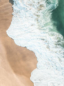 Aerial Top Down View Of Blue Ocean Waves Breaking Onto Sand At Bronte Beach, Sydney, Australia. - AAEF23052