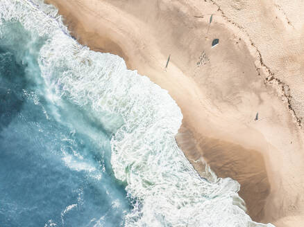 Aerial Top Down View Of Blue Ocean Waves Breaking Onto Sand At Bronte Beach, Sydney, Australia. - AAEF23053