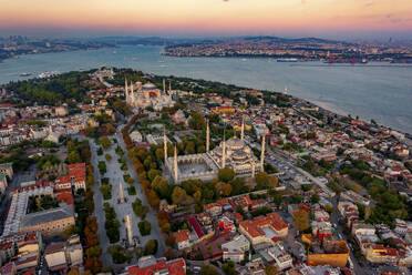 Aerial view of Blue Mosque, Hagia Sophia and the Bosphorus, Istanbul, Turkey. - AAEF23059