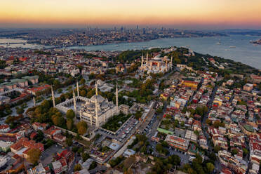 Aerial view of Blue Mosque, Hagia Sophia, Golden Horn and the Bosphorus, Istanbul, Turkey. - AAEF23060