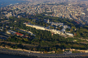 Aerial view of Topkapi Palace, Hagia Sophia and Old City, Istanbul, Turkey. - AAEF23068