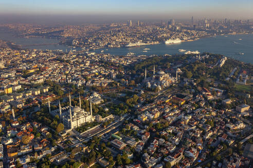 Aerial view of Blue Mosque, Hagia Sophia, Golden Horn and the Bosphorus, Istanbul, Turkey. - AAEF23069