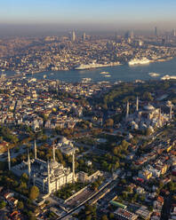 Aerial view of Blue Mosque, Hagia Sophia, Golden Horn and the Bosphorus, Istanbul, Turkey. - AAEF23070