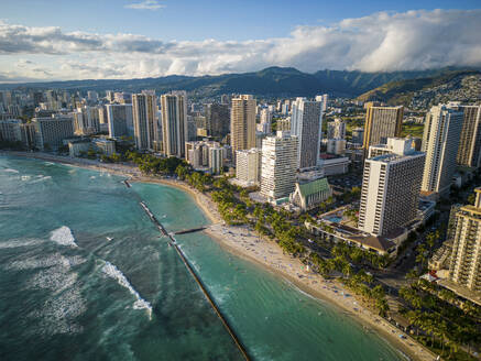 Aerial View of Waikiki Beach, Kuhio Beach and Queens Beach, O'ahu, Hawaii, United States. - AAEF23103