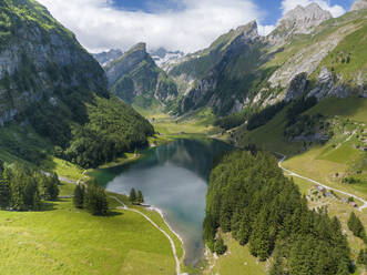 Aerial View of Lake Seealpsee, Schwende-Rute, Canton of Appenzell  Innerrhoden, Switzerland. stock photo