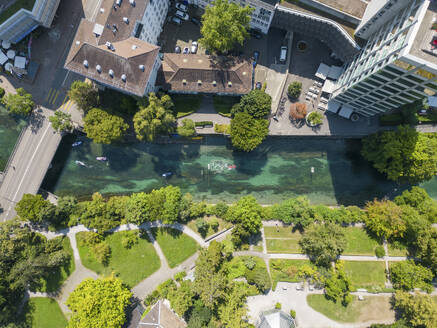 Aerial View of Schanzengraben river with canoes, Zurich, Switzerland. - AAEF23121