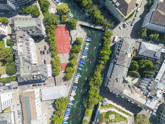 Aerial View of Schanzengraben river with canoes, Zurich, Switzerland. - AAEF23122