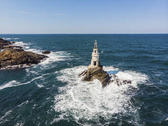 Aerial View of Lighthouse in the Black Sea with Waves, Ahtopol, Bulgaria. - AAEF23192
