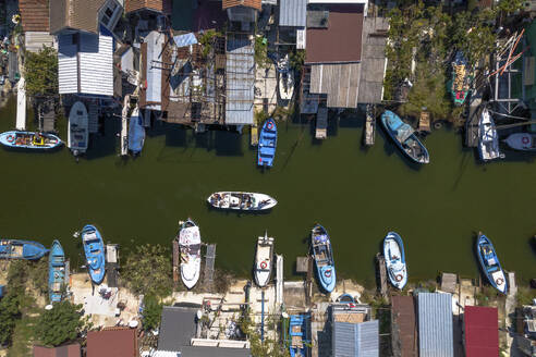 Aerial View of a Boat in the Chengene Skele Fisherman Village, Burgas, Bulgaria. - AAEF23218