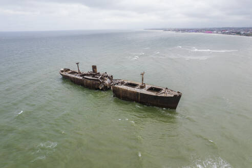 Aerial View of Evangelia Cargo Ship Shipwreck Beached On The Coast, Romania. - AAEF23219