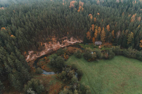 Aerial view of Harma sandstone walls and colourful trees in Piusa river ancient valley in, Vorumaa, Estonia. - AAEF23271