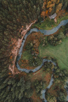 Aerial view of Harma sandstone walls and colourful trees in Piusa river ancient valley in, Vorumaa, Estonia. - AAEF23273