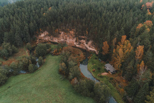 Aerial view of Harma sandstone walls and colourful trees in Piusa river ancient valley in, Vorumaa, Estonia. - AAEF23274