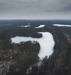 Aerial view of white frozen Jussi lakes, forest and bogs in early winter, Pohja-Korvemaa Nature Reserve, Harjumaa, Estonia. - AAEF23282