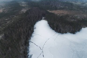 Aerial view of white frozen Jussi lake with abstract ice cracks in early winter, Pohja-Korvemaa Nature Reserve, Harjumaa, Estonia. - AAEF23287